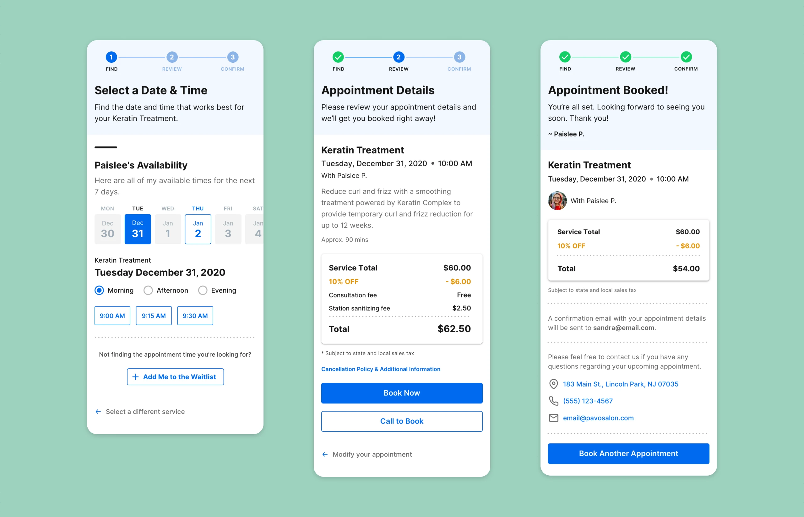Find, review, and confirm appointment screens