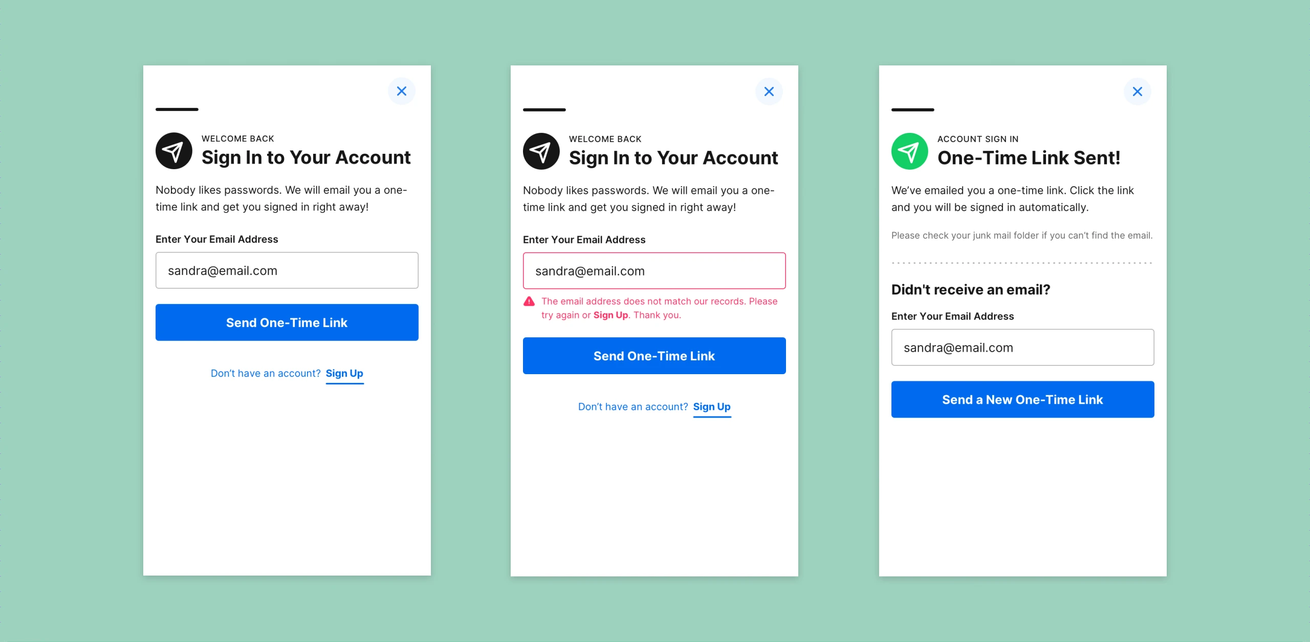 One-time email link sign-in, error, and success states