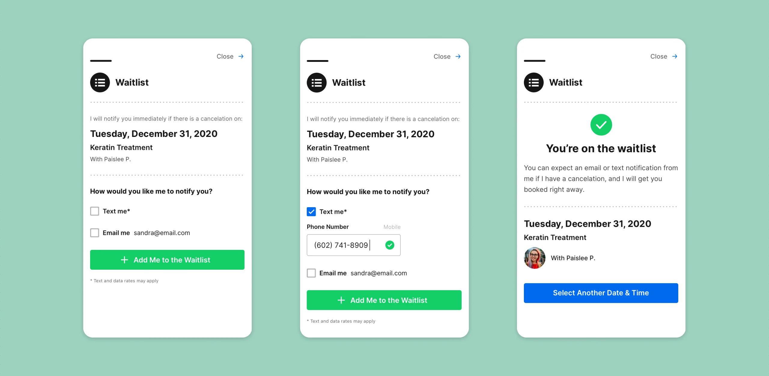 Waitlist join, phone number, and confirmation screens