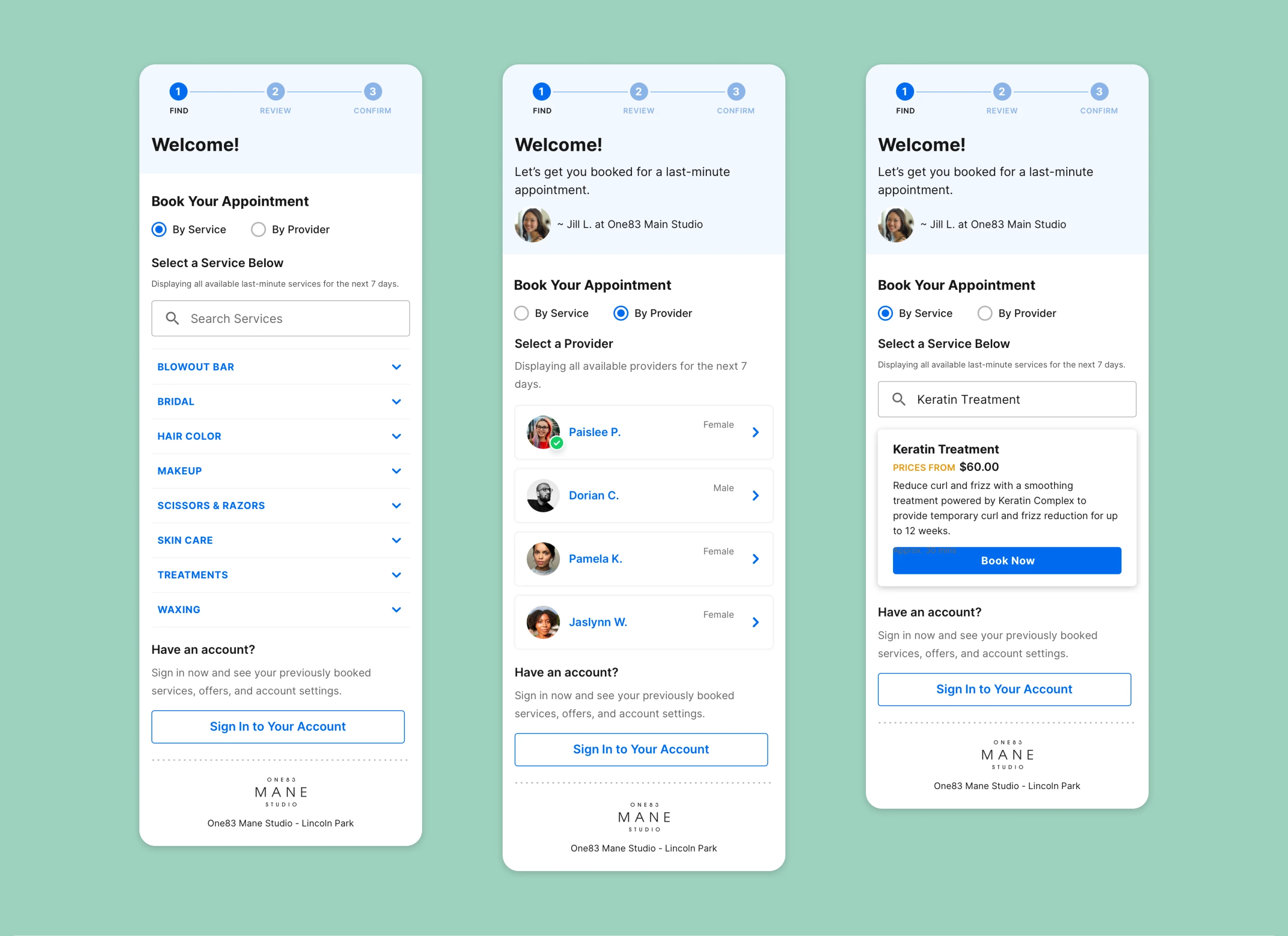 Three mobile screens for searching by service or provider