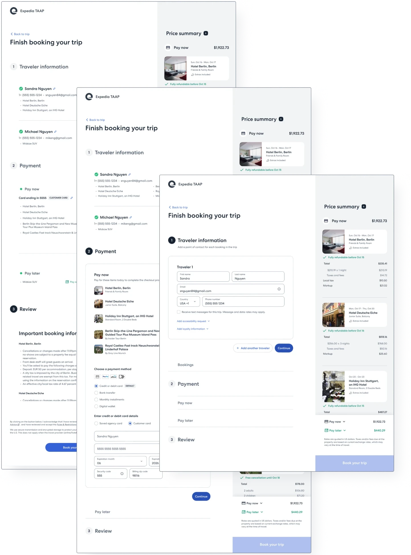 The Expedia TAAP checkout, Finish booking your trip: three desktop screens stepping through traveler information, payment, and review, with a price summary on the right