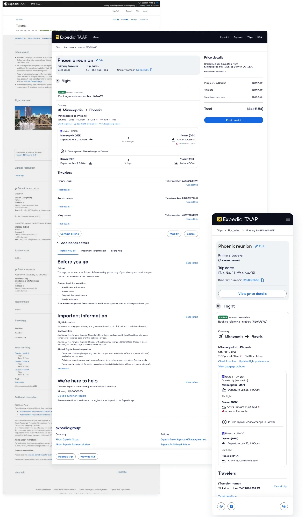 The Expedia TAAP itinerary page redesigned: the original page grayed out behind, the new desktop layout in front, and the new mobile screen at the lower right