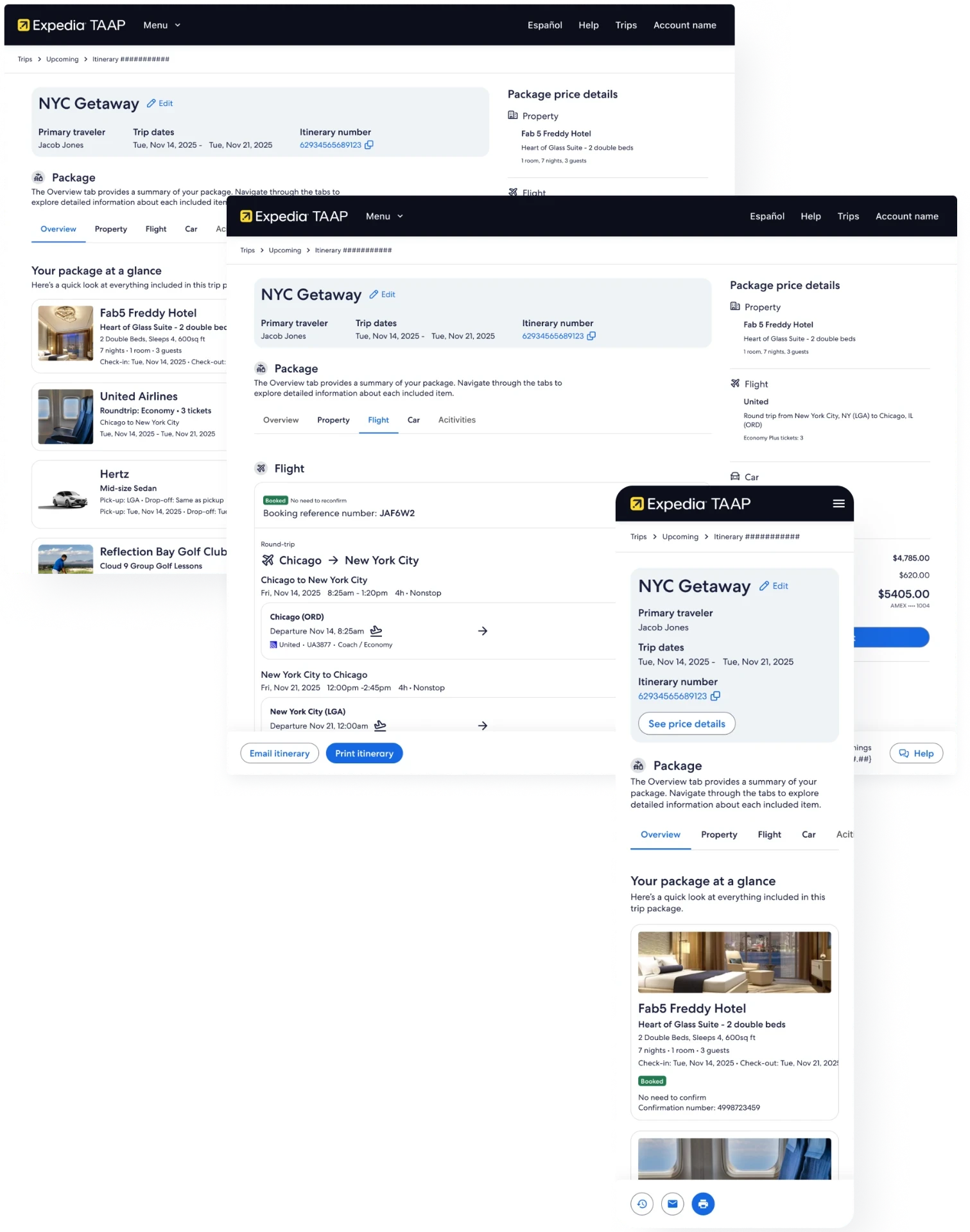 The package itinerary page for an NYC Getaway trip: a desktop overview of the hotel, flight, car, and golf lessons in the package, the flight tab with booking details, and the mobile version of the overview