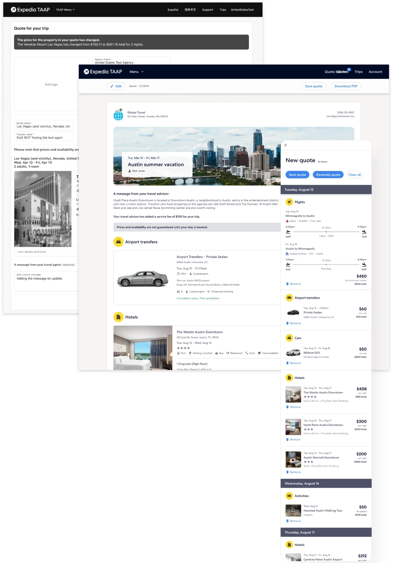 The Expedia TAAP quote builder: a quote page with airport transfers and hotels, a send-to-traveler view with the agency's branding, and a mobile panel listing flights, transfers, cars, hotels, and activities by day