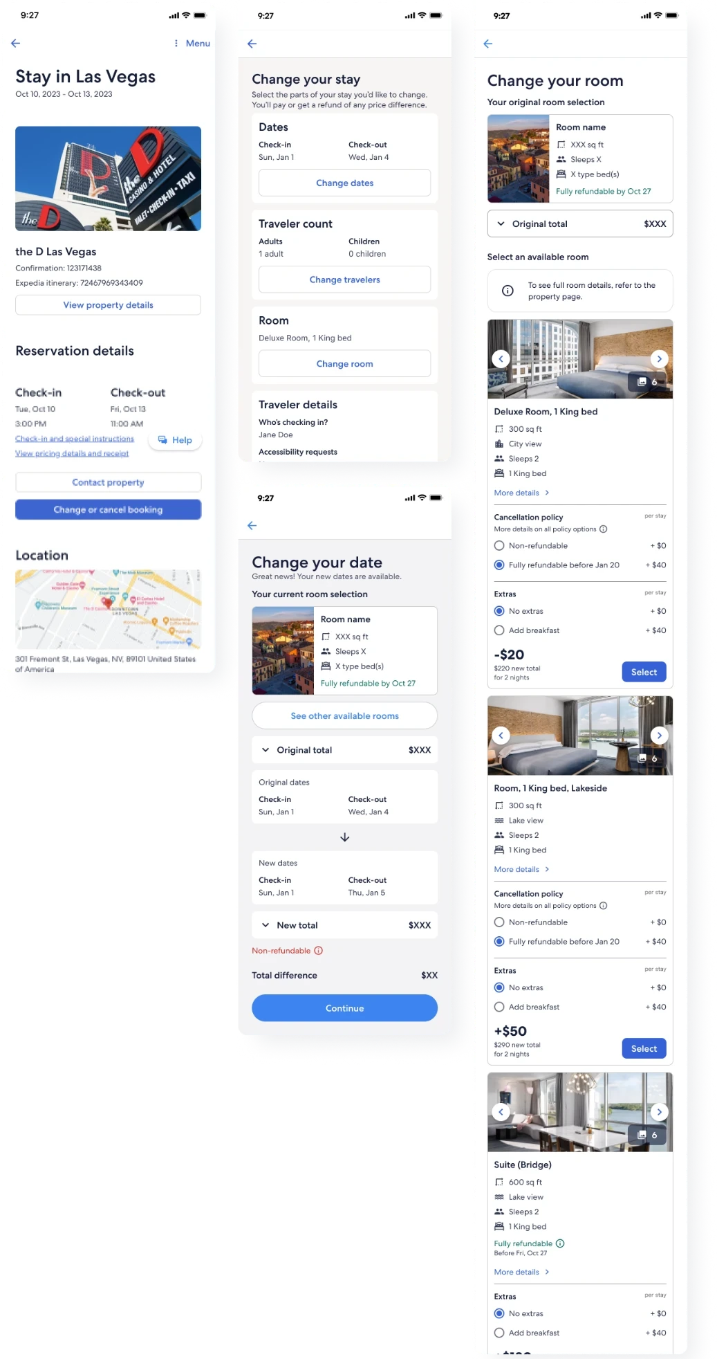 Mobile screens for changing a hotel reservation: the booking details for a Las Vegas stay, then the change-your-stay, change-your-date, and change-your-room steps