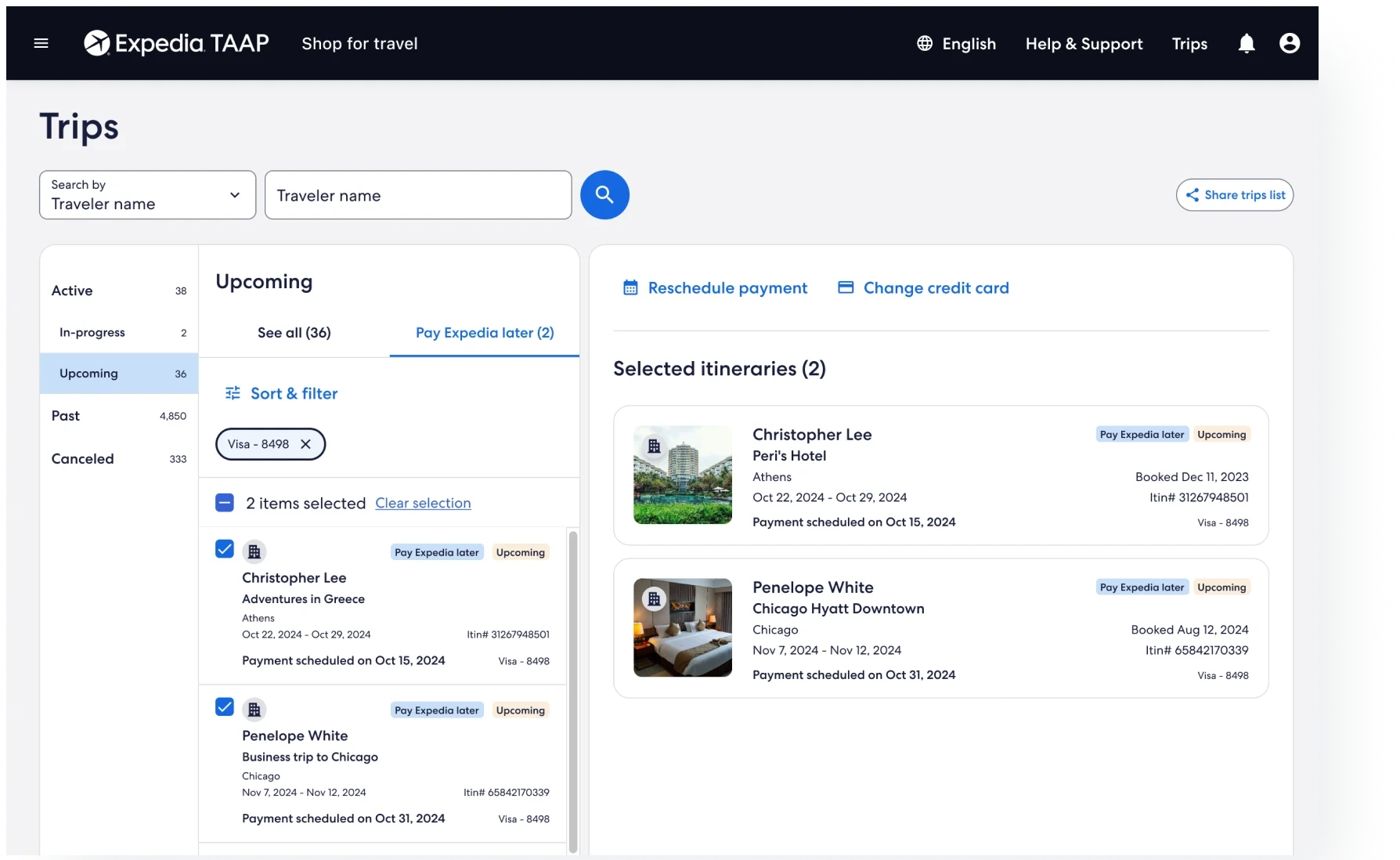 The redesigned Expedia TAAP Trips page: a status sidebar, a list of upcoming trips, and the selected itineraries shown in detail beside it
