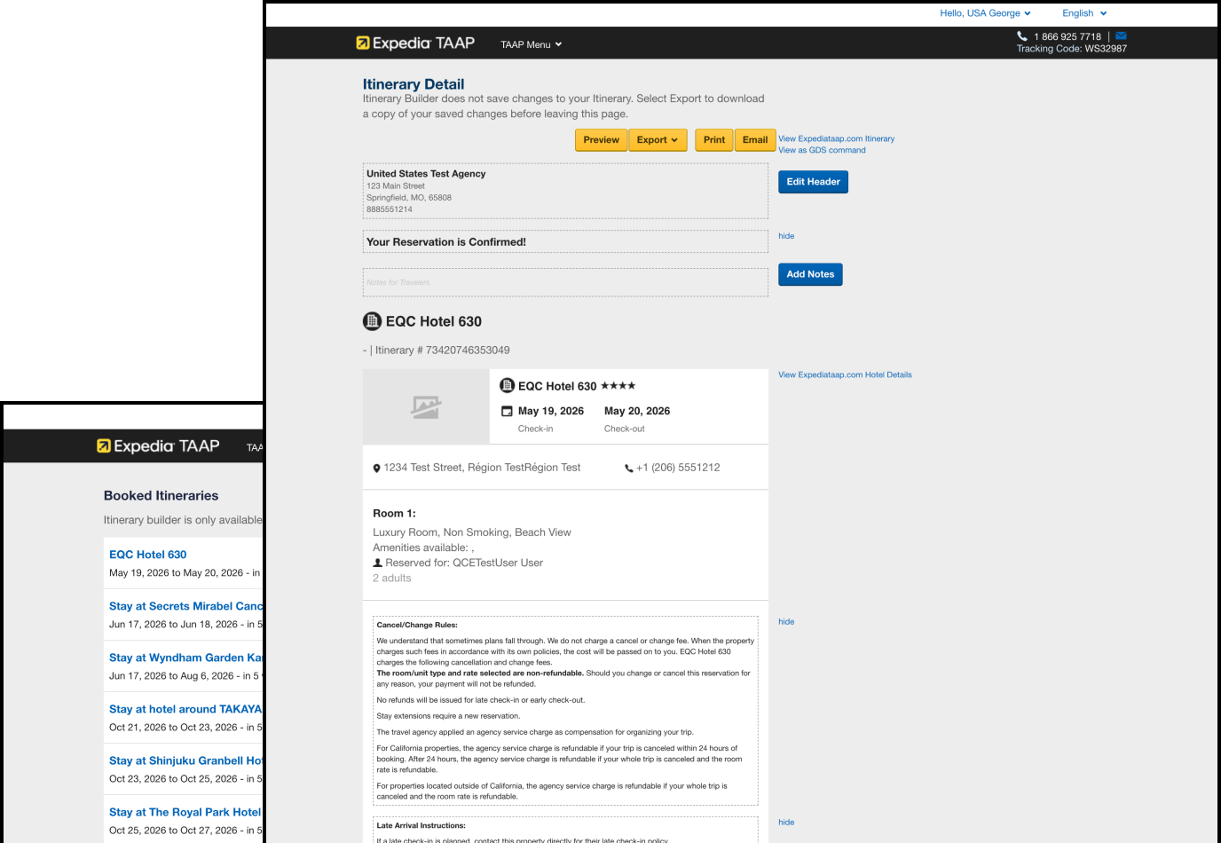 Original TAAP itinerary detail and booked itineraries list