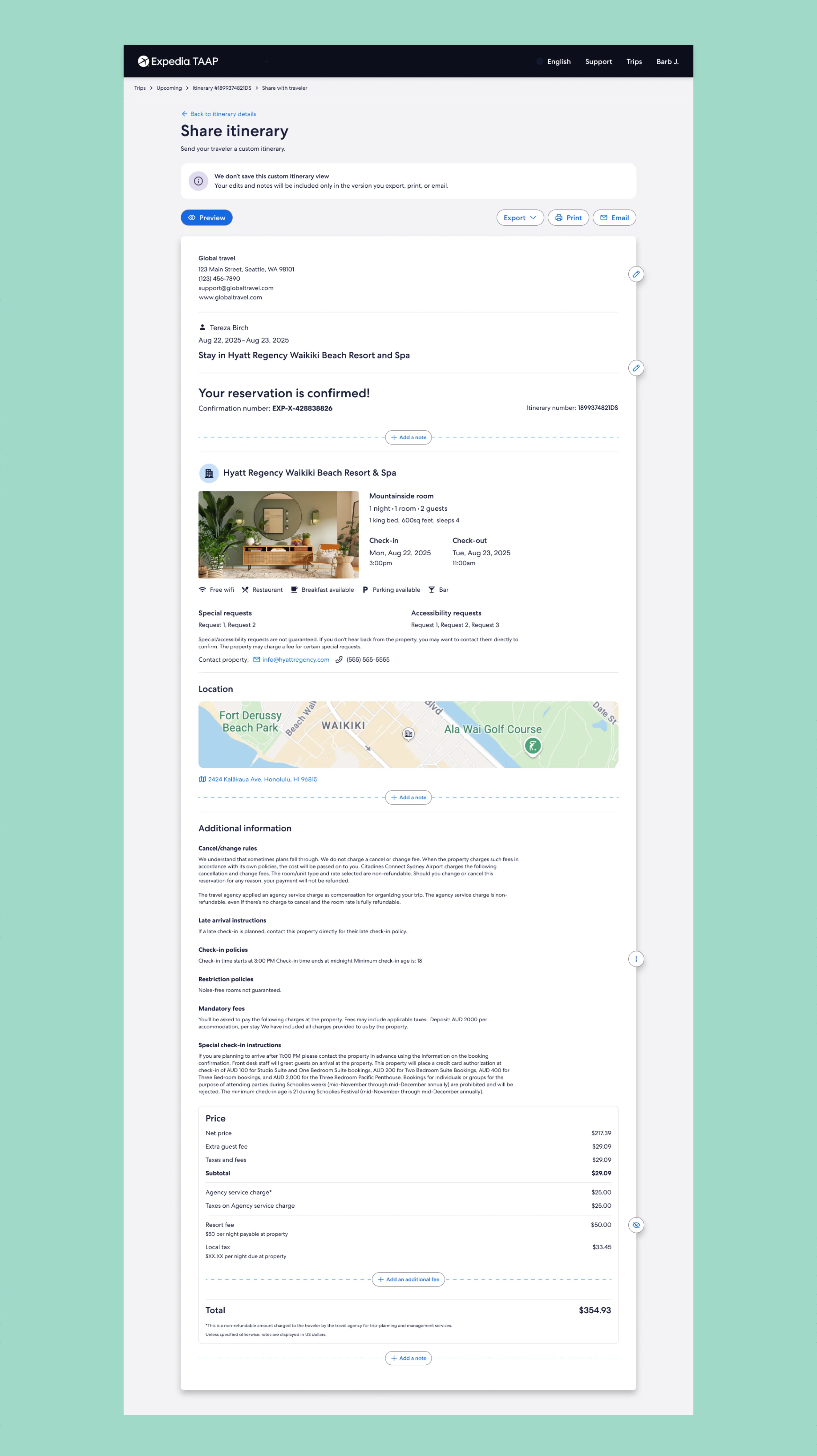 Final TAAP Share itinerary design on a mint background