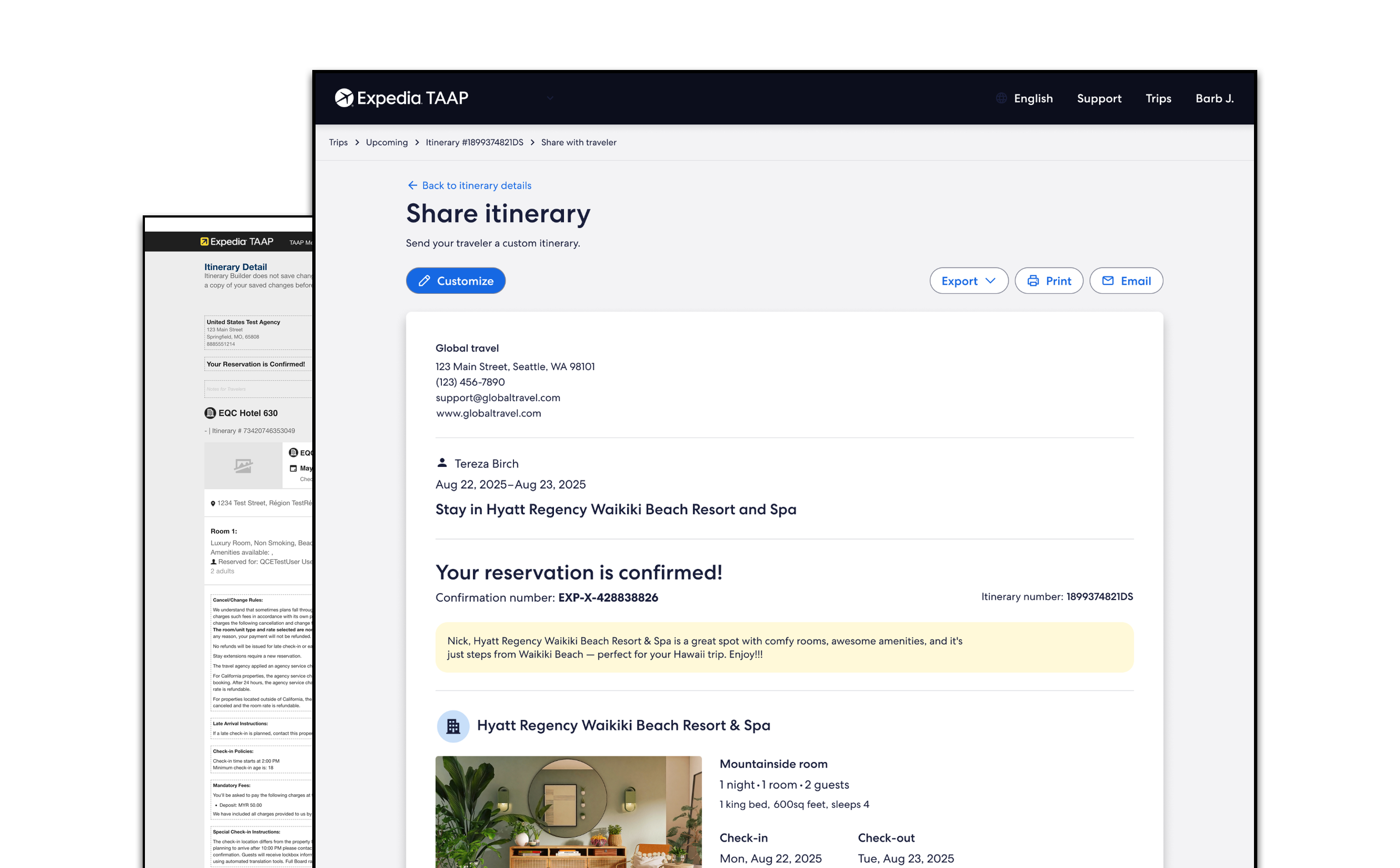 TAAP Share itinerary page in a browser, with the older itinerary detail screen behind it