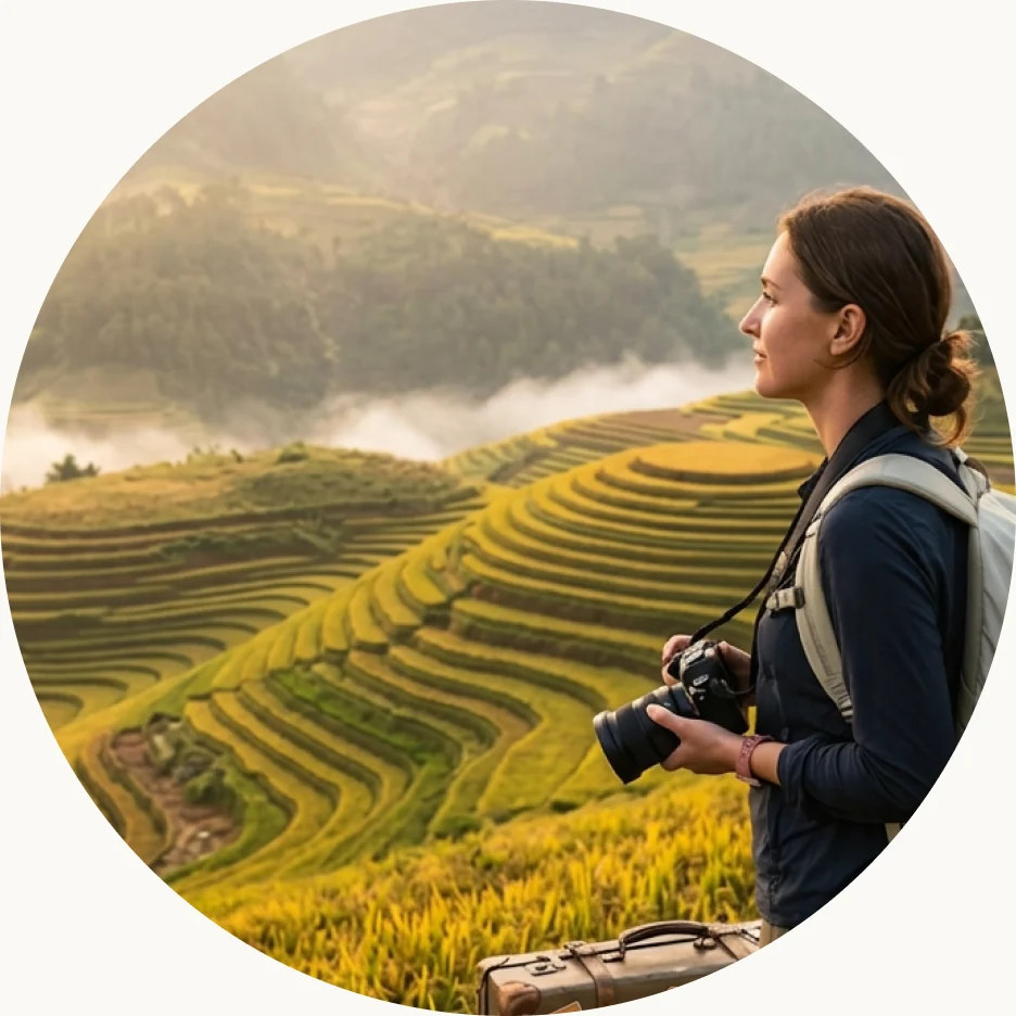 Traveler photographing terraced hills