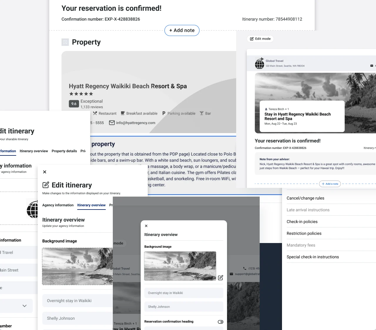 Three wireframe concepts for the itinerary share flow, including edit mode and the confirmed reservation view