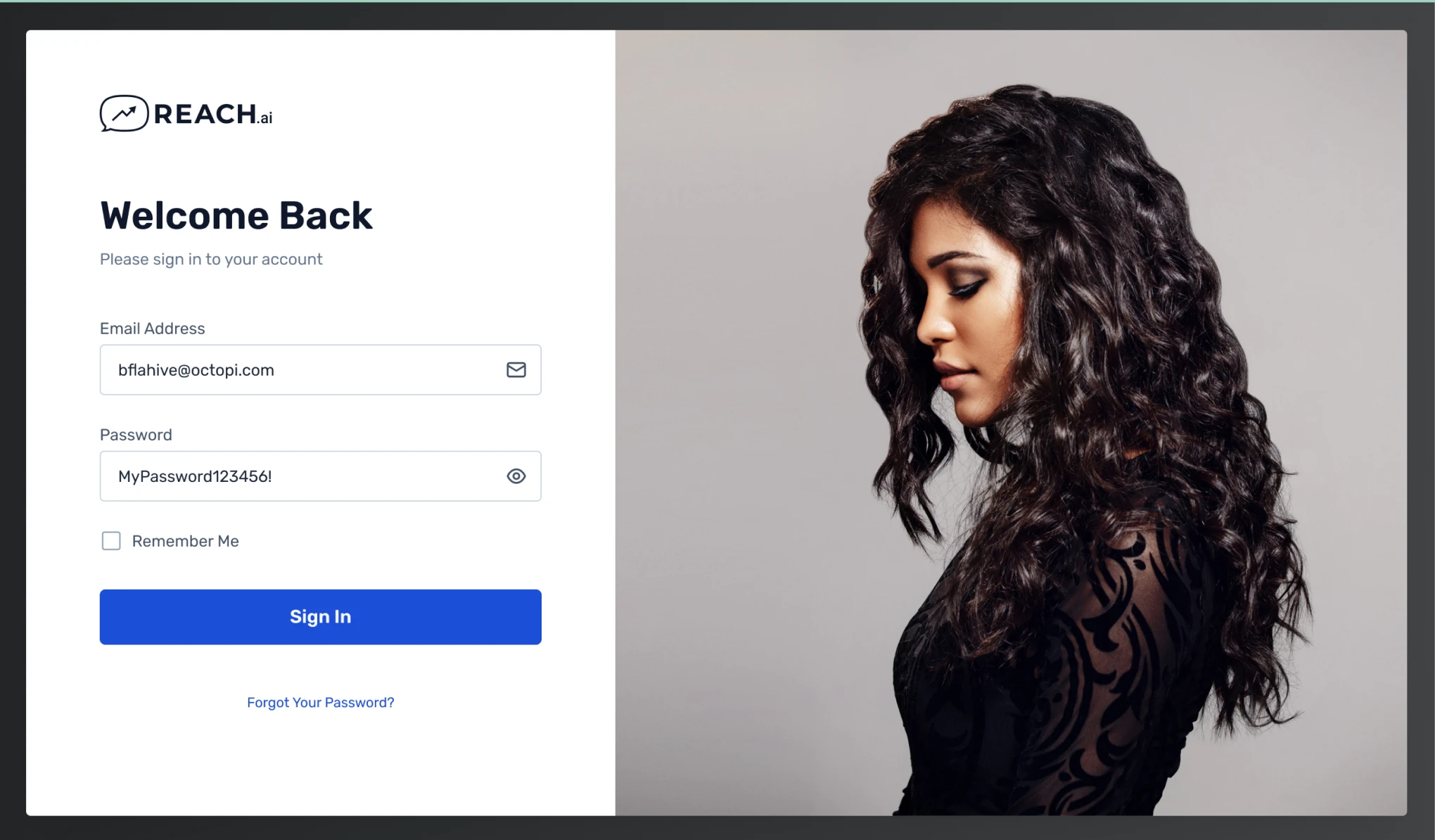 REACH.ai welcome back login screen with portrait
