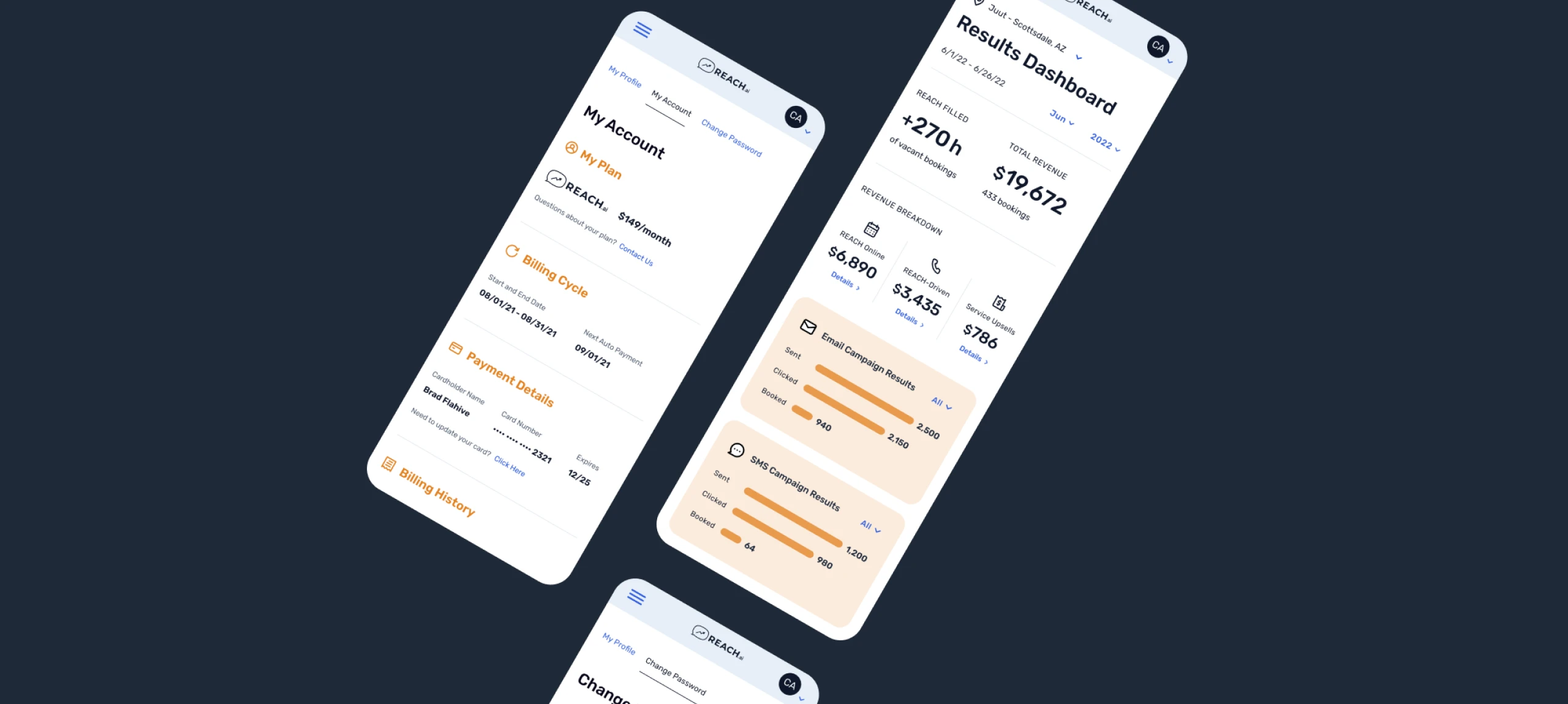 REACH.ai mobile screens showing results, account, and password
