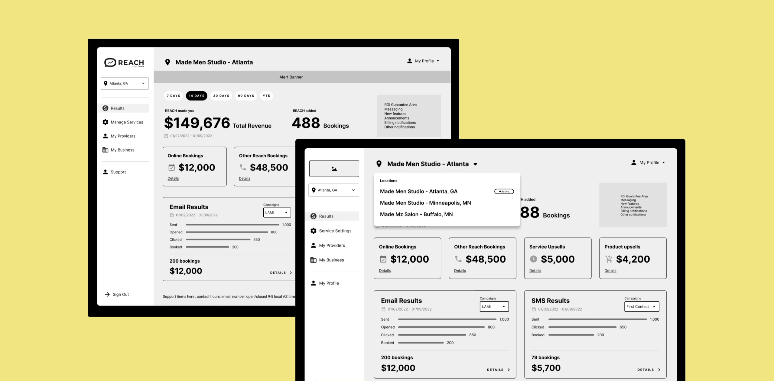 Overlapping dashboard wireframes showing revenue overview and location selector