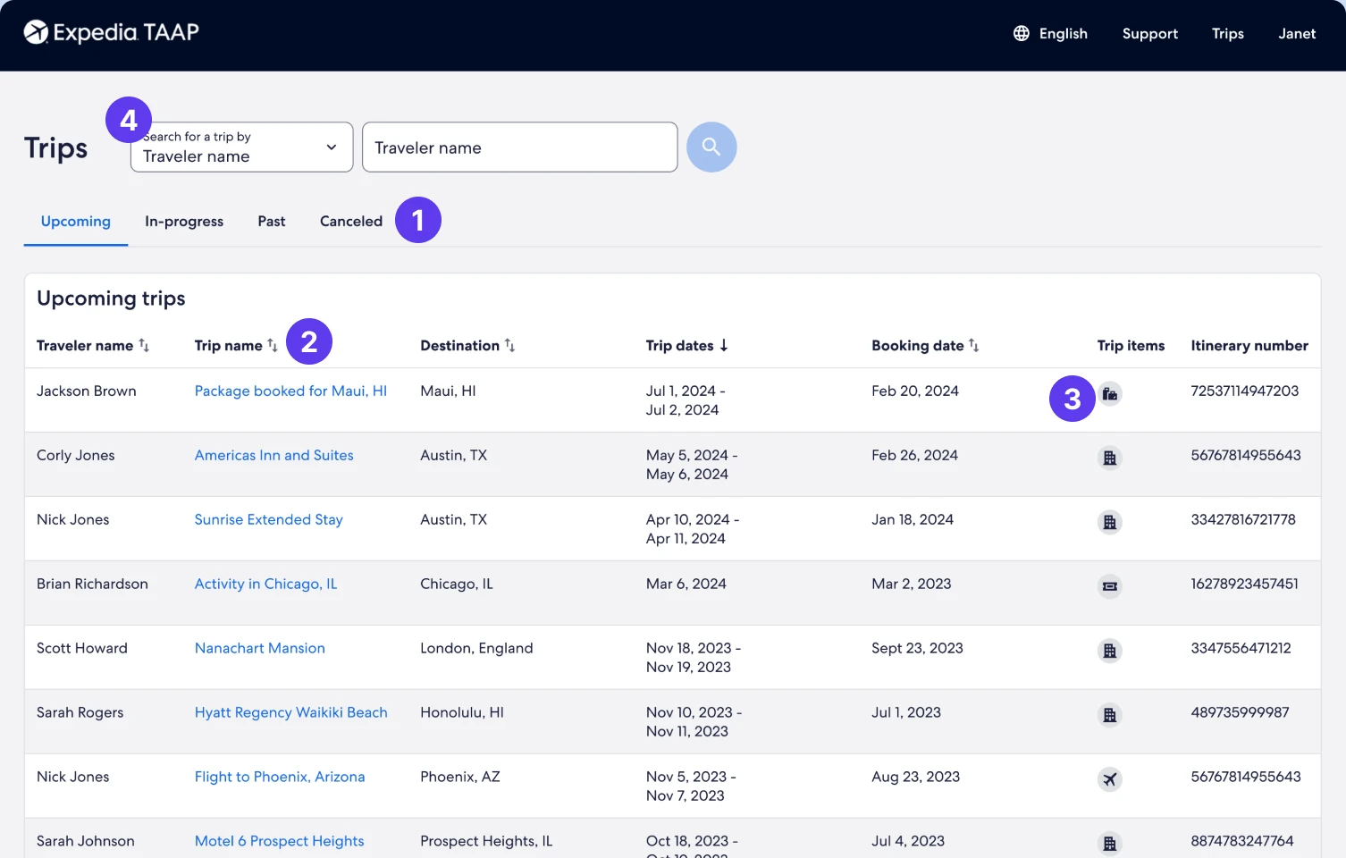 Generation 1 Trips page redesigned as a sortable data table
