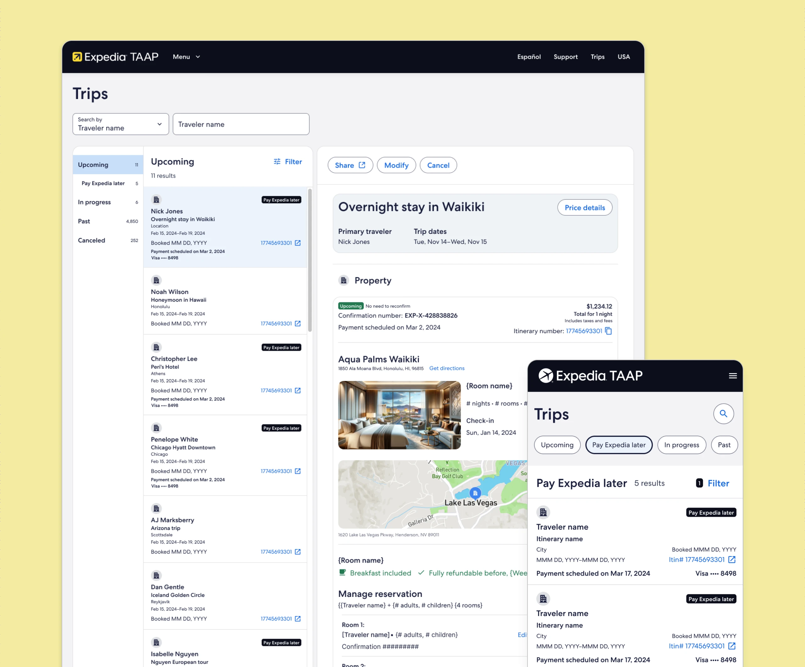 Generation 2 three-panel Trips layout on desktop with the mobile list overlapping