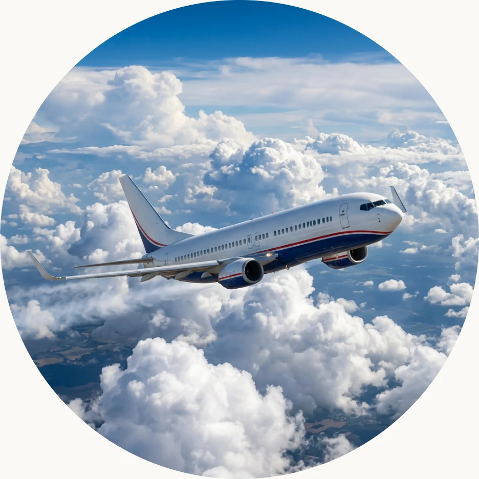 Commercial jet flying above the clouds