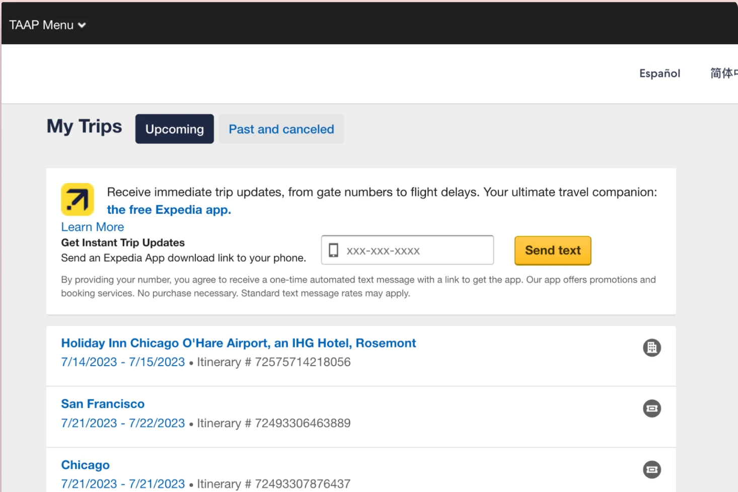 Original My Trips page with a flat list of hyperlinks