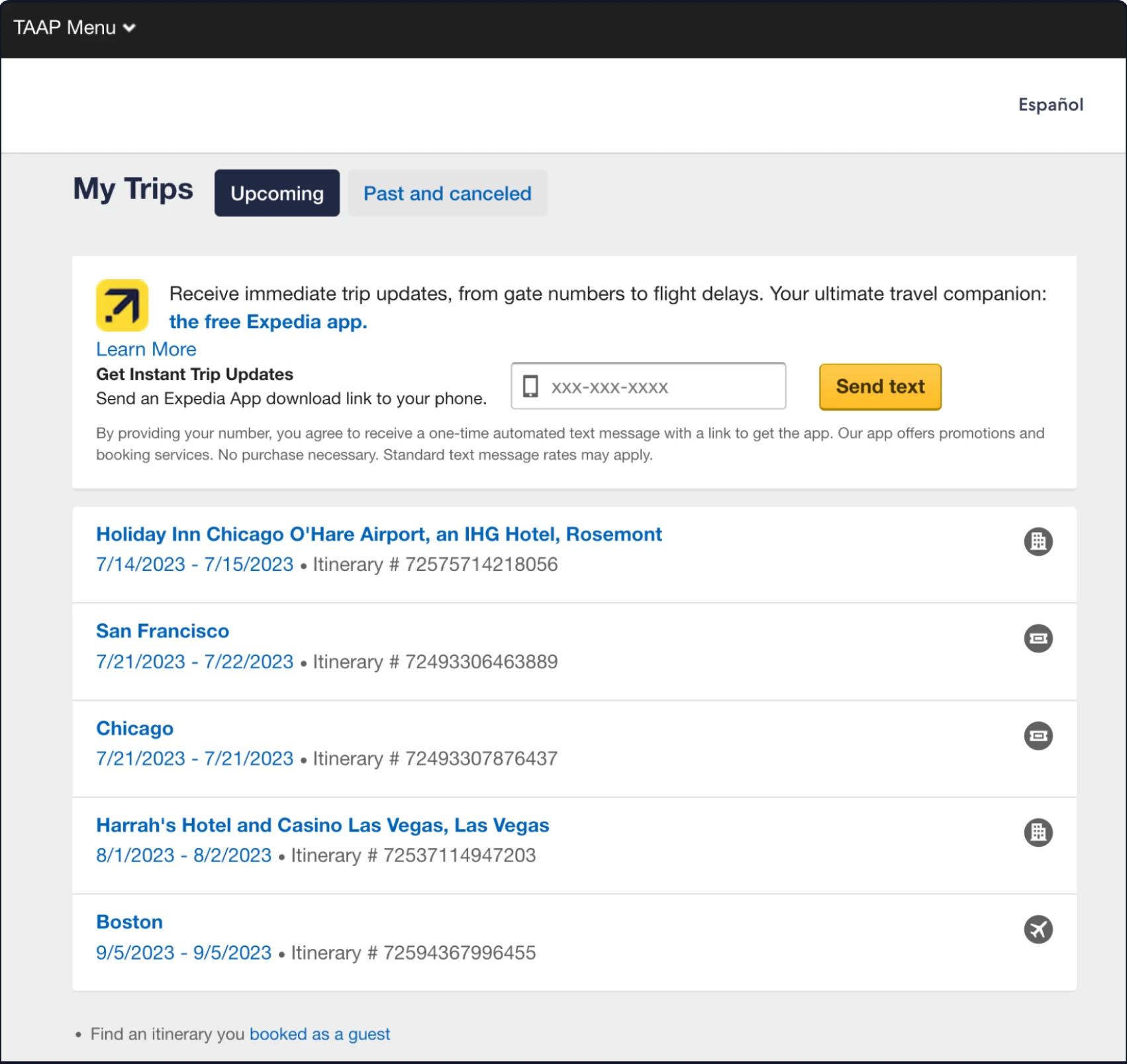 Original My Trips page with a flat list of hyperlinks