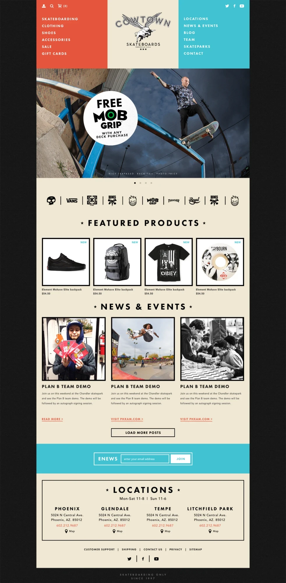The Cowtown Skateboards homepage: a bold navigation header, a skater hero photo, featured products, news and events, and store locations