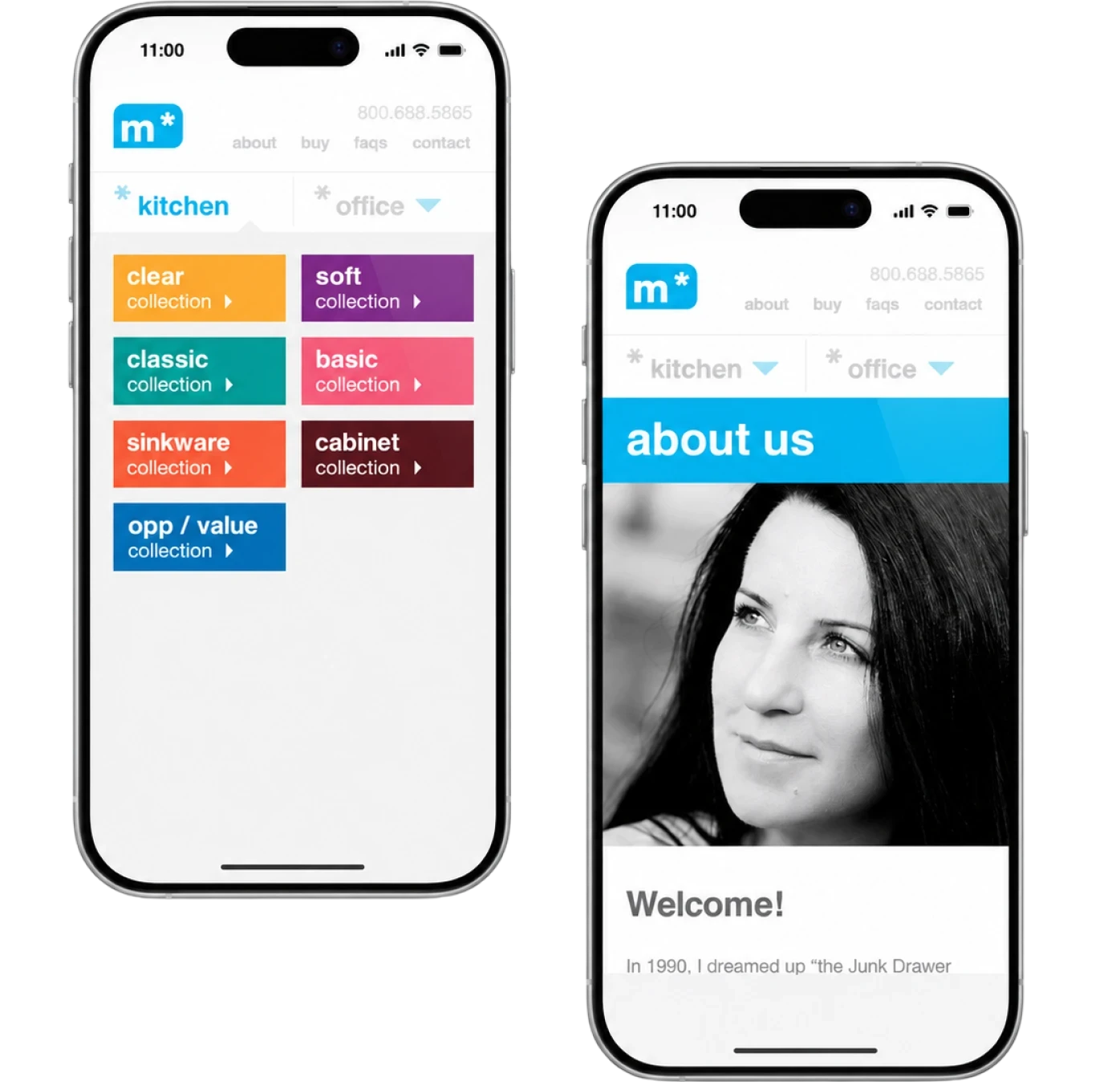 Two phone screens: a menu of color-coded product collections for kitchen and office, and an About us page with a portrait and a welcome message