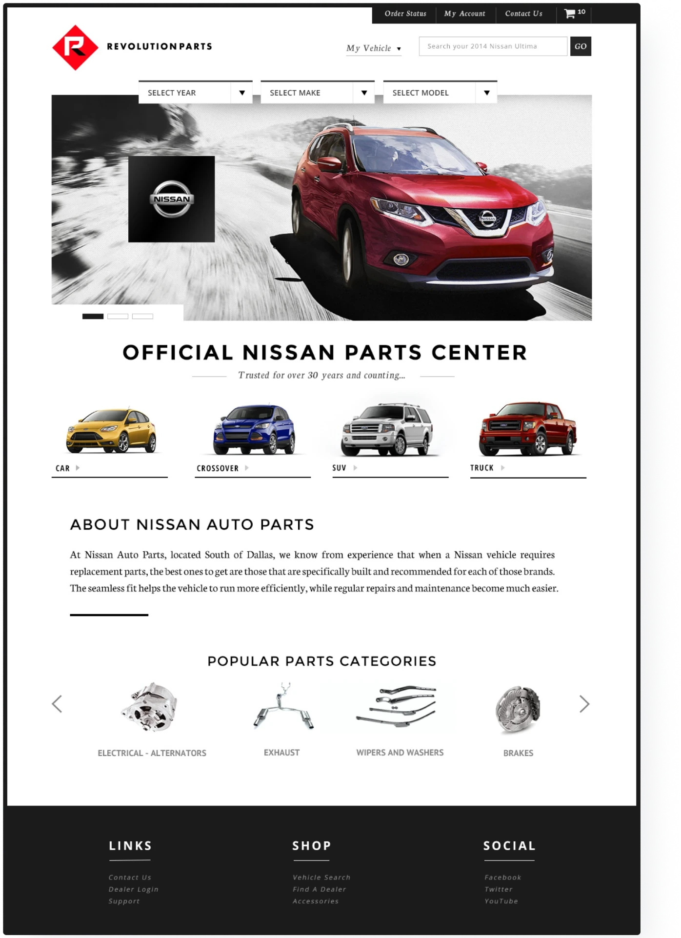 A branded Revolution Parts storefront for an official Nissan parts center, with a year, make, and model picker, vehicle types, and popular parts categories