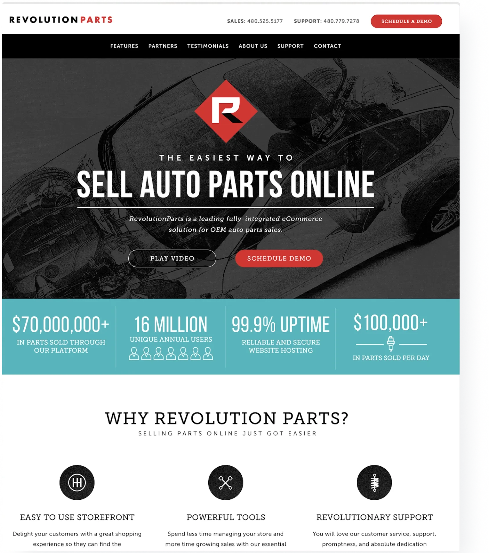 The Revolution Parts marketing homepage: a headline about selling auto parts online, a row of usage stats, and three reasons to choose the platform