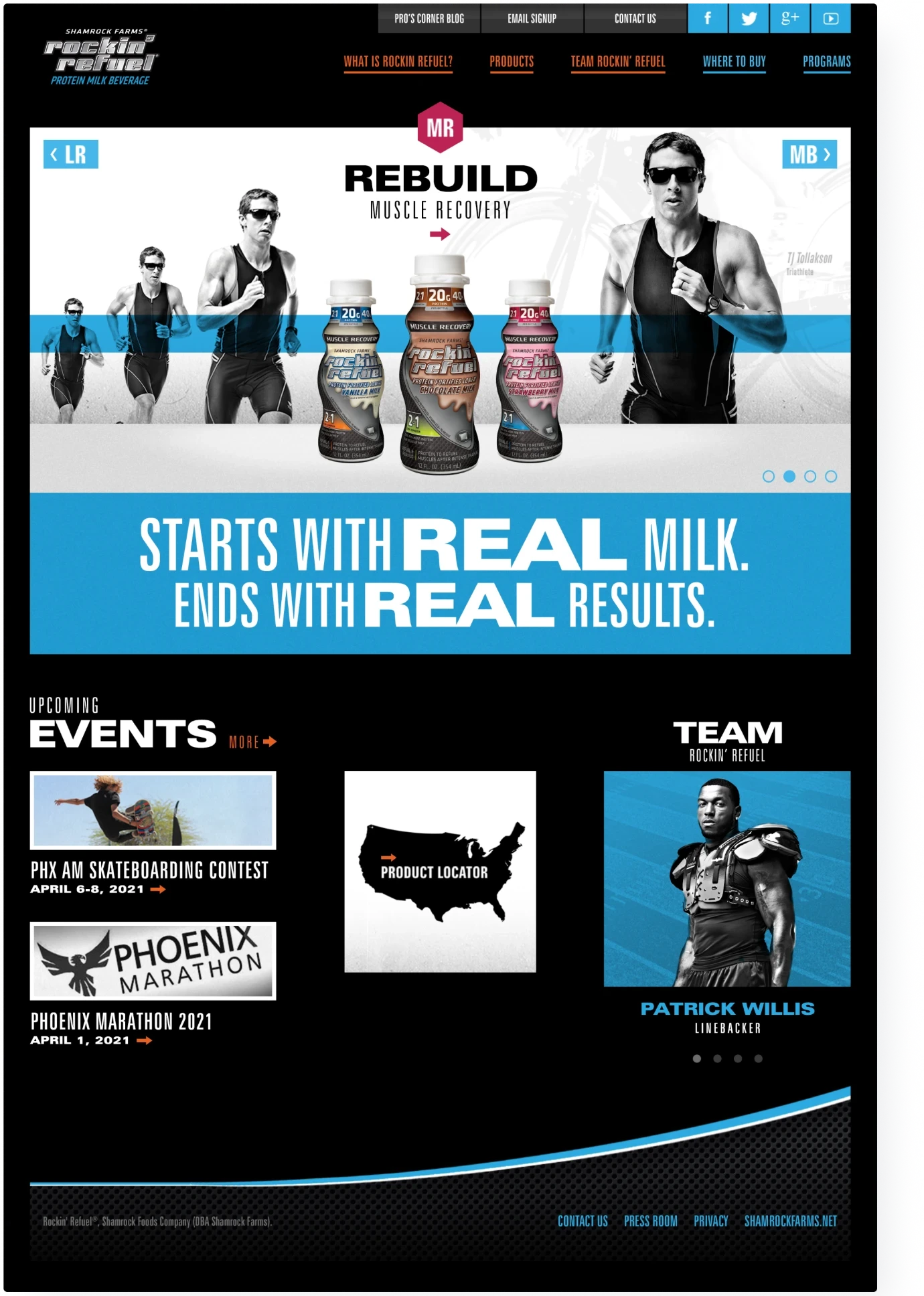 The Rockin’ Refuel homepage: a rotating banner of athletes and protein milk bottles, upcoming events, a product locator, and a featured team member